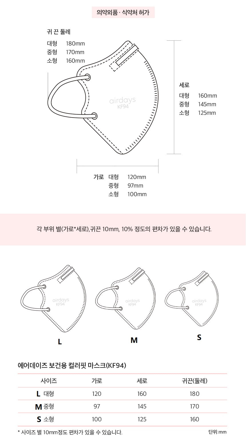 Made in Korea airdays BFE 99.9% color fit Mask (50pieces)