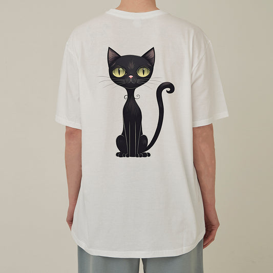 S-6XL Made in Korea 100% cotton 30 thread count black cat short-sleeved T-shirt (for men and women) premium fabric