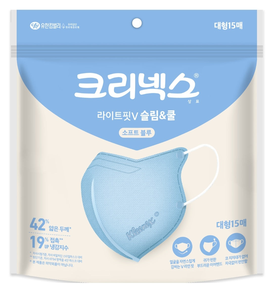 Made in Korea Kleenex Light Fit V Slim & Cool Soft Blue Mask(90pieces)(1Pack=15pieces)(free shipping)