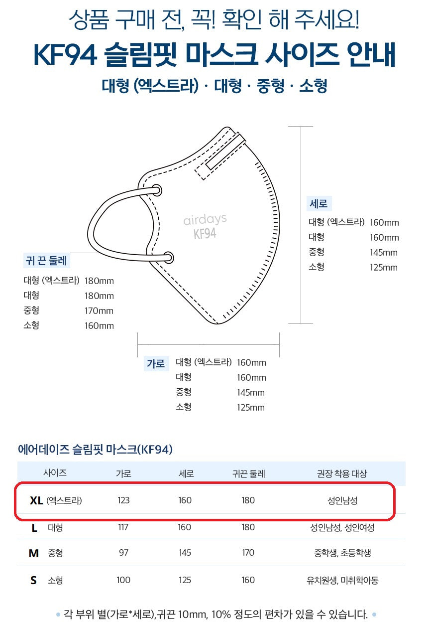 Made in Korea airdays BFE 99.9% Slim Fit KF94 Mask(50pieces)