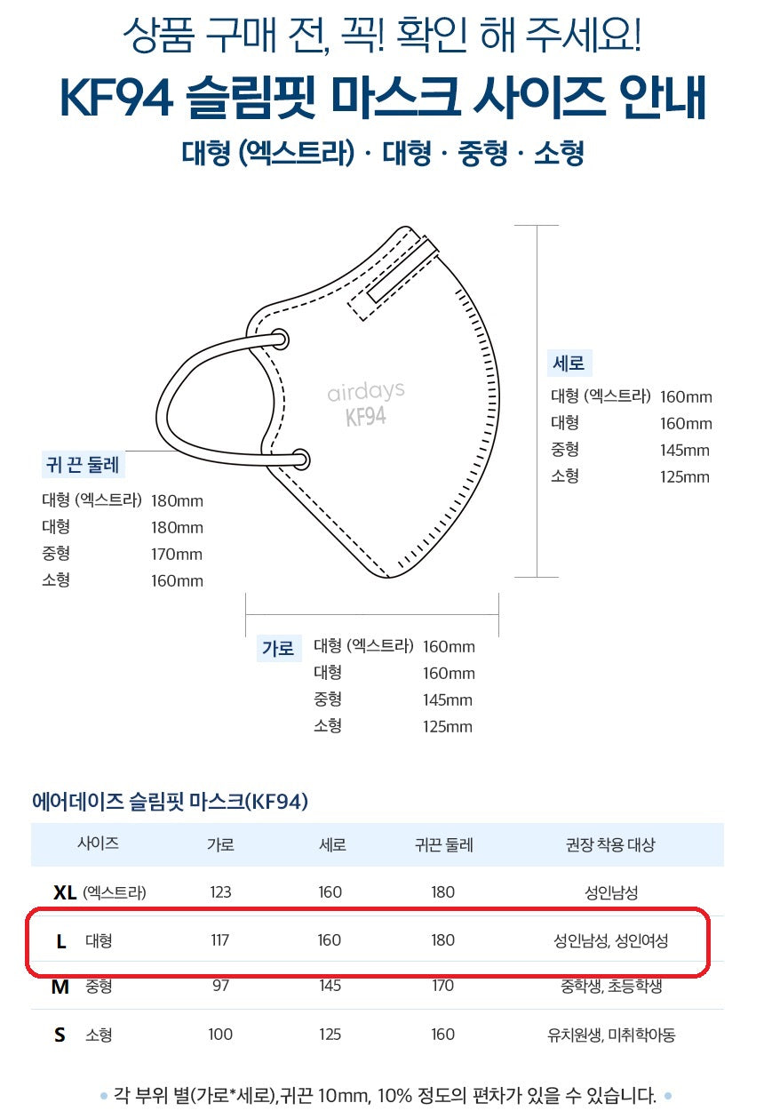 Made in Korea airdays BFE 99.9% Slim Fit KF94 Mask(50pieces)