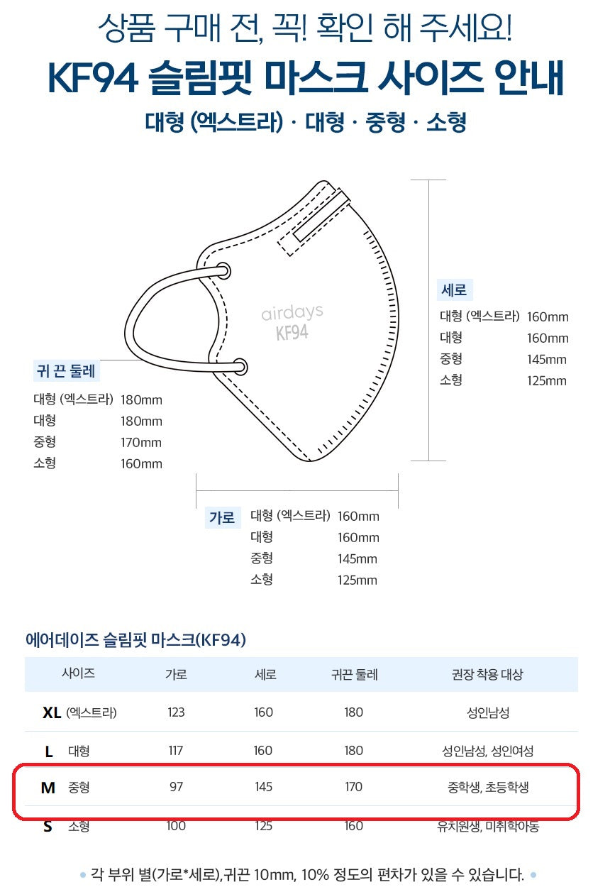 Made in Korea airdays BFE 99.9% Slim Fit KF94 Mask(50pieces)