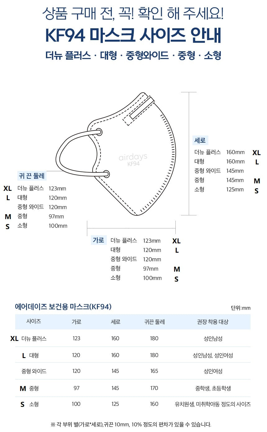 Made in Korea airdays BFE 99.9% KF94 Mask(50pieces)